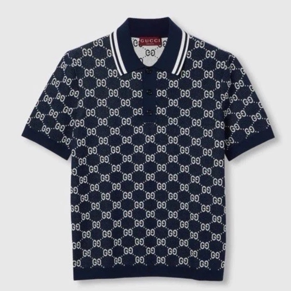Gucci GG Cotton Knit Jacquard Polo Shirt Blue (US M Large)